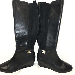 GIANI BERNINI** Extended Calf* Leather*Black Boots*Size 8.5 Small Wedge Heel